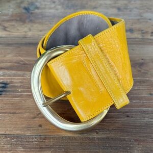 Vintage 90’s Donna Karen Leather Belt with oversized Gold Buckle. Rare find!
